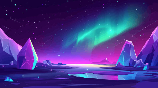 Pixelated illustration of a mystical landscape featuring glowing crystals and aurora borealis
