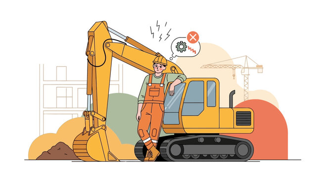 Construction worker with broken excavator, construction site, machinery failure