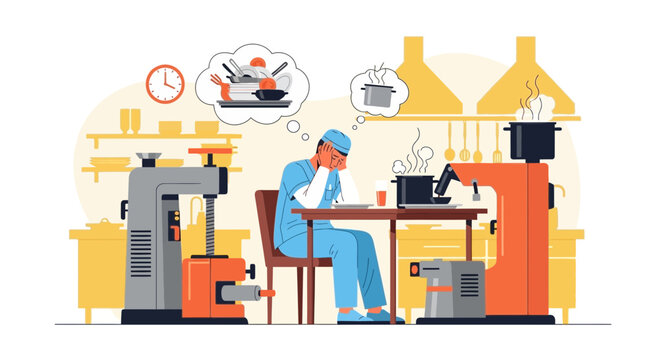 Exhausted Chef Overwhelmed by Kitchen Work and Dirty Dishes