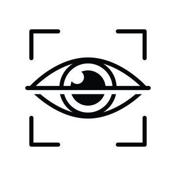 Biometric eye iris scan with horizontal laser line inside viewfinder for digital security technology line icon