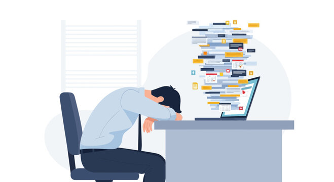 Overwhelmed businessman sleeping at desk with data overload from laptop