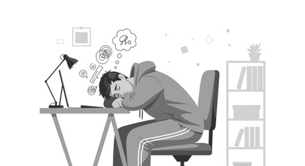 Fototapeta premium Overworked student sleeping at desk with thoughts of stress and exhaustion