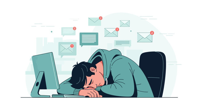 Overwhelmed person sleeping at desk with emails and messages notifications