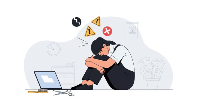 Overwhelmed woman stressed by computer work, mental health concept illustration