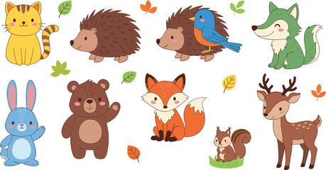 Fototapeta premium Cute Woodland Animal Characters with Fall Leaves, Hedgehog, Fox, Rabbit, Deer, and More in Autumn Forest Vector Set for Kids and Nature Illustrations