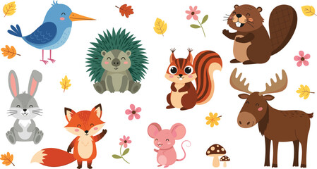 Fototapeta premium Woodland Animals in Autumn Setting Vector Set, Cute Forest Creatures with Leaves, Flowers, and Mushrooms, Squirrel, Fox, Rabbit, and More for Nature and Kids Designs