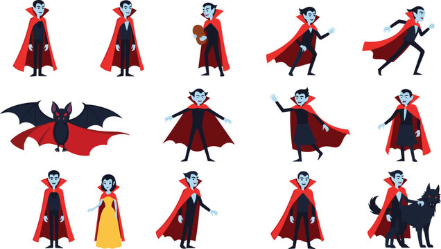 Vampire Character Vector Set with Bat, Wolf, and Dark Costume, Dracula with Action Poses and Halloween Elements for Spooky Illustrations and Party Designs