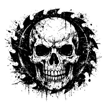 A grungy skull illustration with a menacing expression surrounded by a circular saw blade with paint splatters on a white background