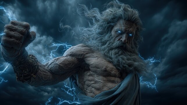 Greek mythology god Zeus. Fantasy. A dramatic portrayal of a muscular, bearded man with intense blue eyes, set against a stormy sky filled with swirling clouds. The mans long.