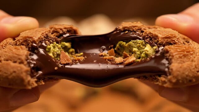 Close-up of a delicious dubai chewy cookie with kunafa pistachio filling