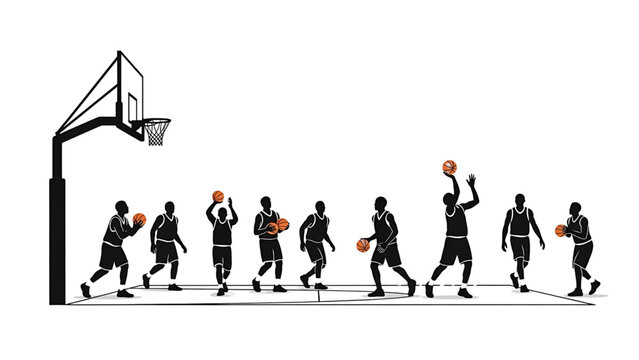 Top-Down View of Basketball Performance Workflow &ndash; Human Activity Vector, Technical CAD Illustration, Isometric Sports System Diagram, Isolated White Background