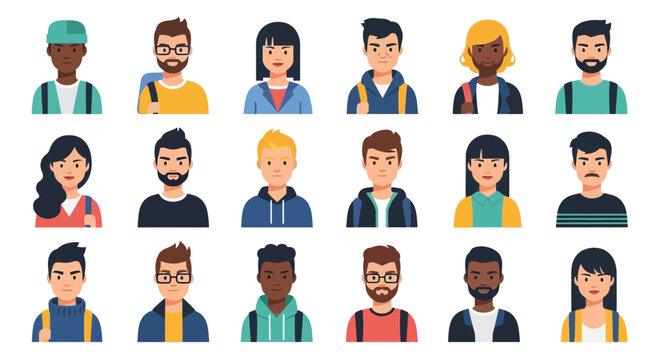 Diverse Group of People Avatars, Diverse Characters, Flat Design