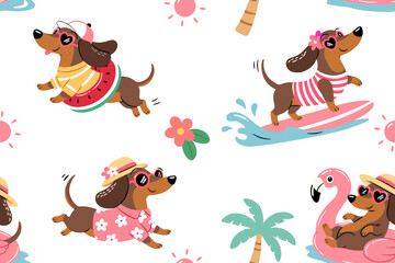 Obraz premium Cute dachshund summer seamless pattern with surfing swimming running and relaxing dogs in tropical vacation style cartoon illustration