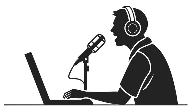Dynamic silhouette of a content creator wearing headphones speaking into a professional microphone and typing on a laptop capturing the essence of modern digital broadcasting