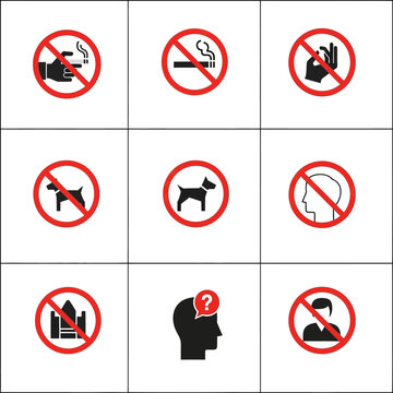 Set of prohibition signs: no smoking, no pets, no entry, no mobile, no building, no people