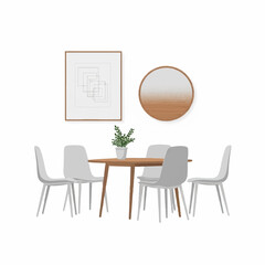 Fototapeta premium The minimalist dining room features a wooden table surrounded by gray chairs with a plant on it under a framed art piece and circular mirror.
