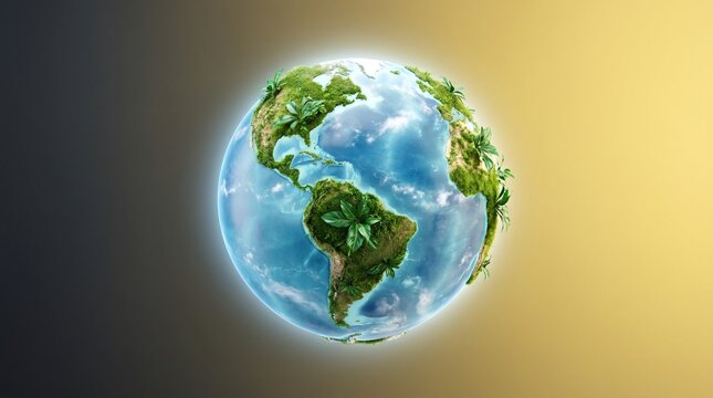 A globe with green leaves on the americas continents