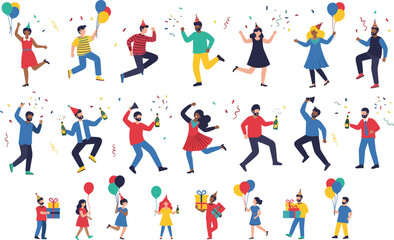 Fototapeta premium People Celebrating with Balloons, Confetti, and Party Hats for Fun, Party, and Social Event Illustrations