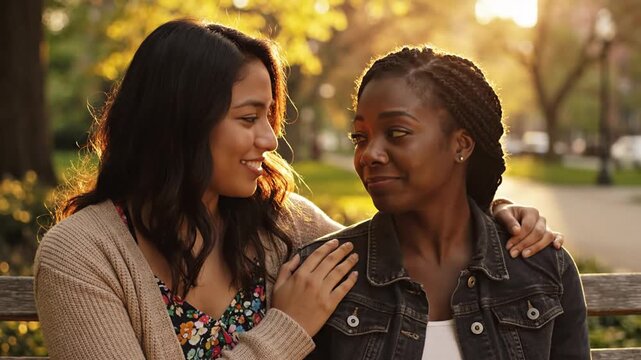 Young woman comforting friend on bench in golden light