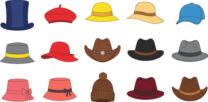 Variety of Fashionable Hats Including Berets, Cowboy Hats, Caps, and Beanies for Clothing, Accessories, and Headwear Illustrations