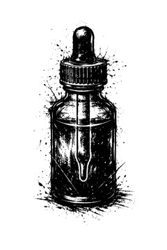 Black and white illustration of a glass dropper bottle with splatter effect