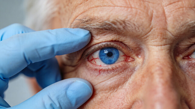 Close up examination of an elderly man's bright blue eye showing red veins by a gloved hand