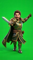 Fototapeta premium Fantasy Knight with Sword on Green Screen Background.