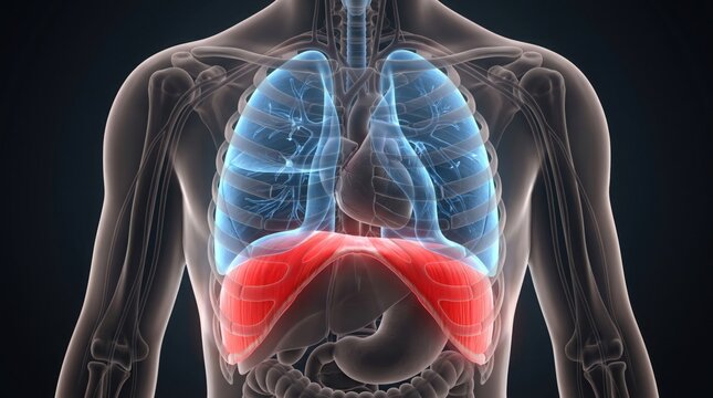 Human Respiratory System: A detailed, illuminated illustration showcases the intricacies of the human respiratory system, highlighting the lungs and diaphragm against a subtly shaded backdrop. 