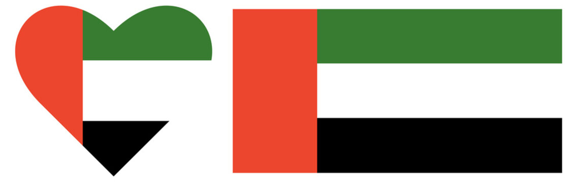 Flag of United Arab Emirates flag in heart shape and flag of UAE isolated.