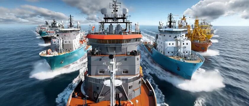 Vessels Navigating the Open Sea: A fleet of diverse vessels embarks on a journey across the boundless sea, leaving trails of white against the clear blue.