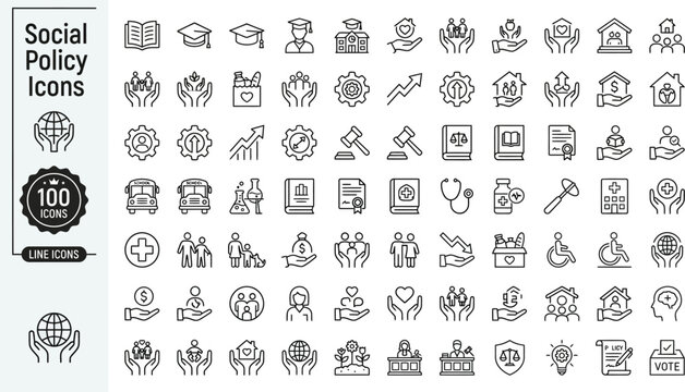 Set of 100 minimalist monoline social policy icons for design and infographics on white background