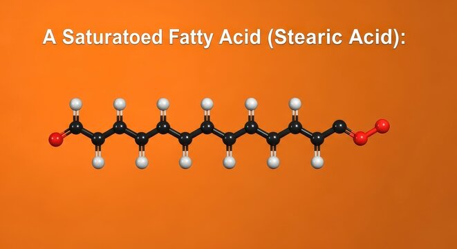 A saturated fatty acid stearic acid molecule structure on an orange gradient background view from above