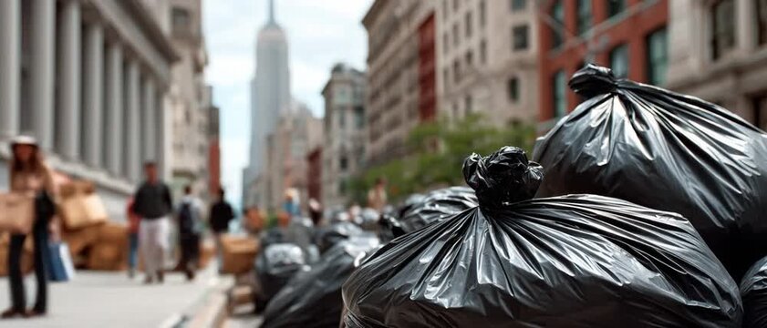 City Trash:  Trash bags piled high along a city street, hinting at urban waste management, with a blurred cityscape in the background.