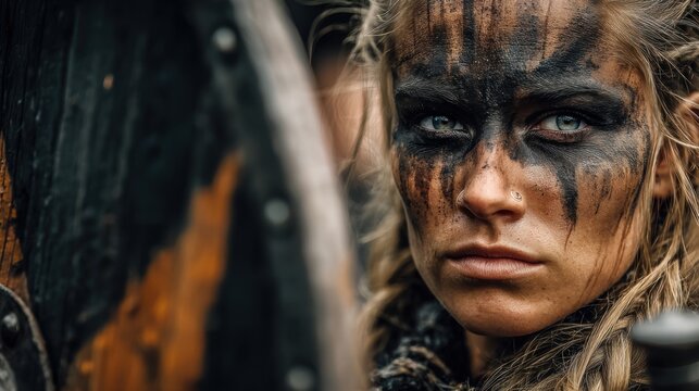 Fantasy wallpaper. A closeup portrait of a person with striking blue eyes and tribalinspired makeup. The persons face and upper body are covered in dark, smeared black paint.