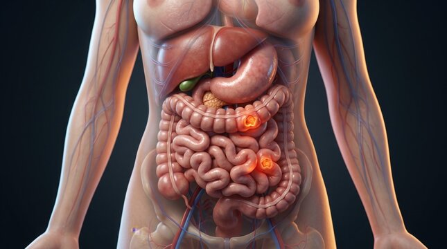 Digestive System Anatomy with Lesions: A detailed anatomical illustration of the human digestive system, highlighting the intestines with visible inflamed lesions, suggesting a medical condition.