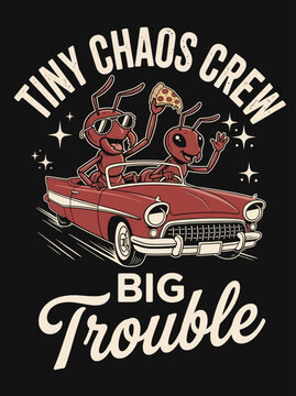 Two cartoon ants in convertible.