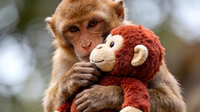 A real monkey gently holding and embracing a soft stuffed monkey toy closely and affectionately