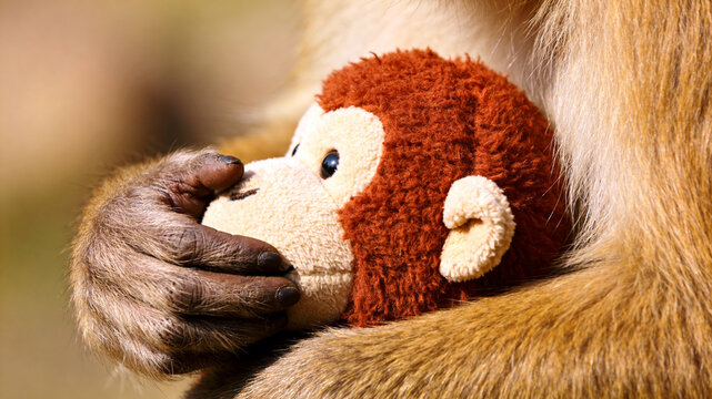 A gentle monkey holds a fuzzy stuffed animal toy close to its chest with a soft and caring touch today