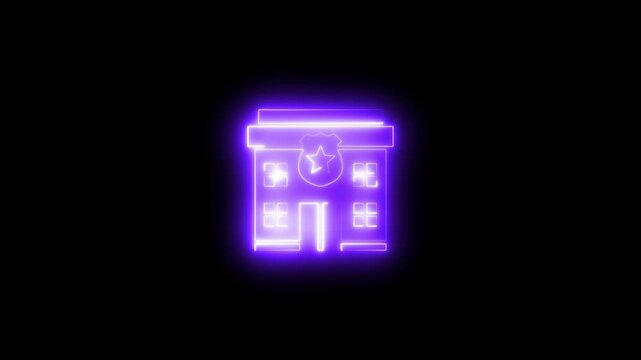 Neon Police Station Building with Sheriff Badge on Black Background