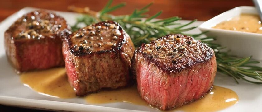 Filet Mignon Trio: A trio of tender filet mignon steaks, each cooked to a perfect medium-rare, sit on plate with rosemary and sauce, ready to be enjoyed.