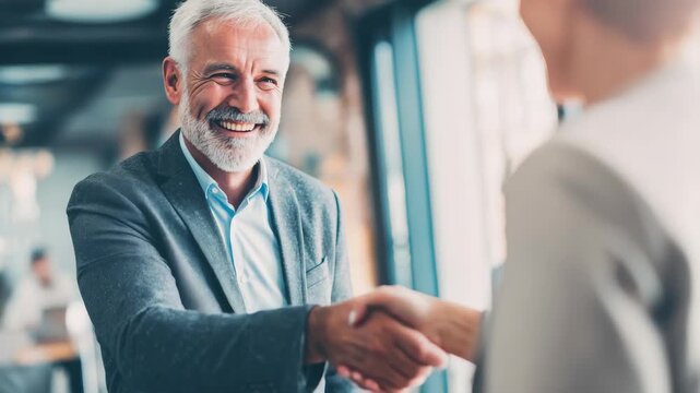 Two men shaking hands in an office setting with a blurred background. One man wears a suit and the other has a beard.