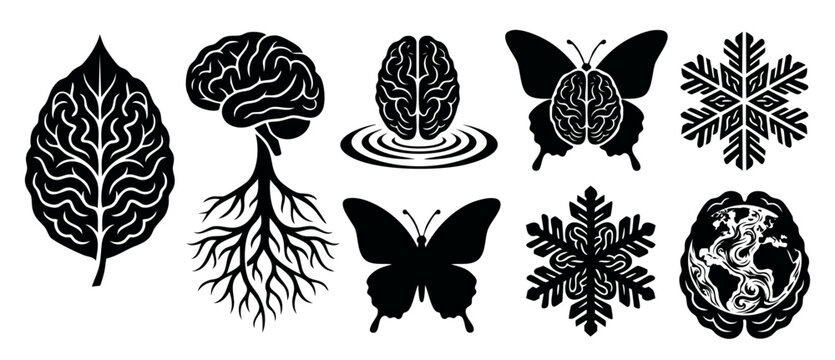 Human Brain Symbol Icons Set, Creative Mind Metaphor Design Elements, Black Vector Graphics of Butterfly, Snowflake, Earth, and Tree Roots for Psychology, Biology, Education, and Mental Health Concept
