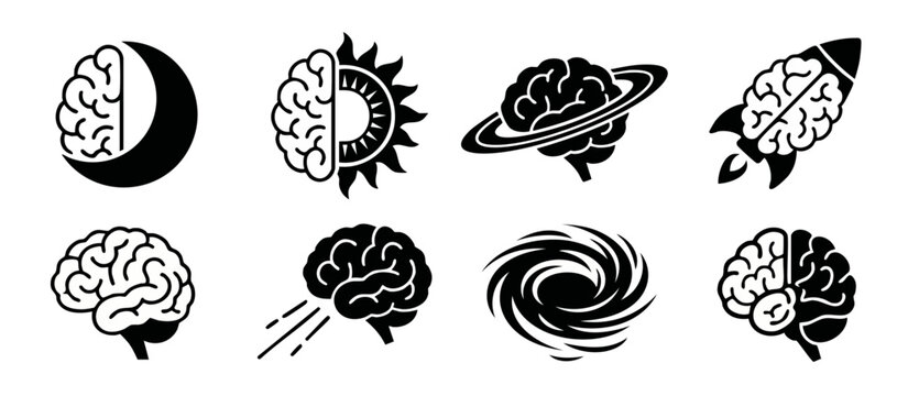 Brain and Universe Symbol Set, Creative Concept Icons for Intellectual Growth and Science, Human Mind Abstract Vector Illustrations, Psychology Thinking Shapes and Cosmic Intelligence Graphics Black W