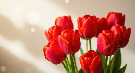 Fototapeta premium Bright vibrant red tulips in close-up floral arrangement with natural stems and leaves flowers