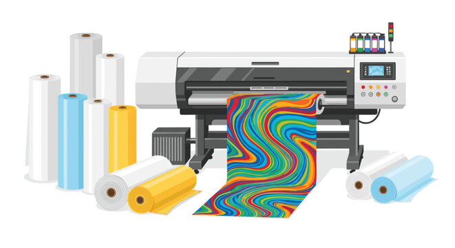 A wide-format digital inkjet printer creates abstract colorful patterns on a roll of media in a sterile white studio with stacked storage canisters.