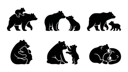 Bear and Cub Silhouette Set, Mama Bear with Baby Bear Interaction Icons, Wildlife Vector Graphics, Loving Animal Family Poses for Logo Design, Nature Conservation Symbols, Minimalist Black Art Style © Fernando