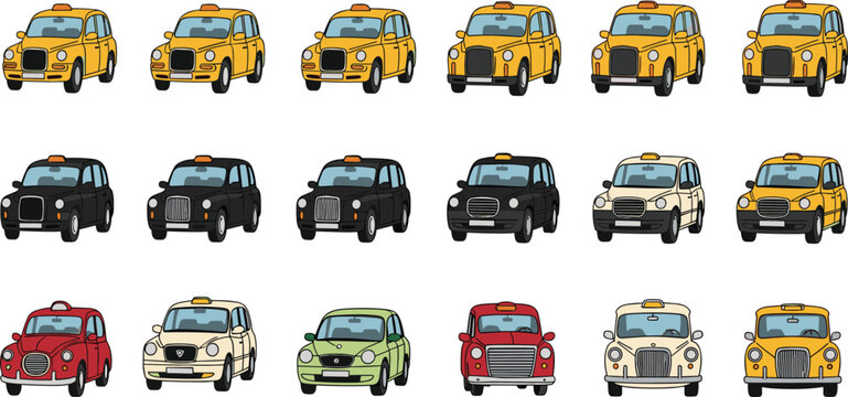 Set of traditional taxi cab icons colorful london style black cab collection urban transportation service assets vintage and modern passenger car silhouettes isolated on white