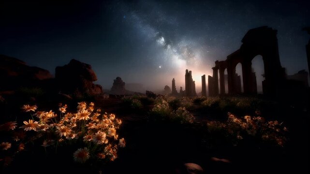 Space universe exploration, fantasy, mysterious. A digital artwork depicts a desolate landscape at night. The sky is filled with stars, and the Milky Way galaxy is visible in the background.