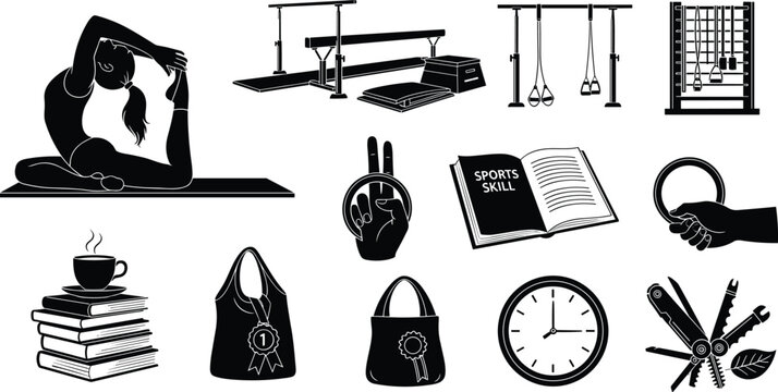 Gymnastics and Sports Skill Silhouette Vector Set Featuring Athlete in Yoga Pose Parallel Bars Rings Sports Book and Training Equipment Isolated on White Background