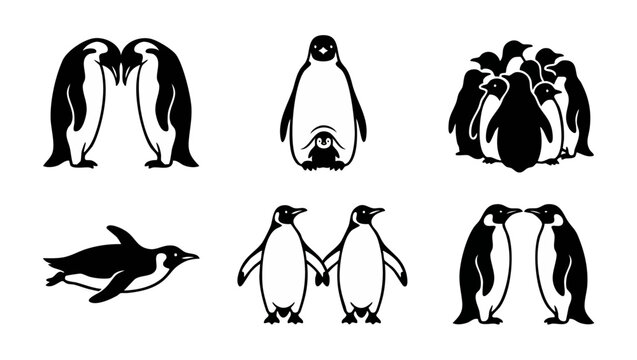 Penguin Icons Set Black and White Vector Illustration of Cute Antarctic Birds in Various Poses Including Swimming Standing and Huddle Group isolated on White Background for Wildlife Logo Design Projec